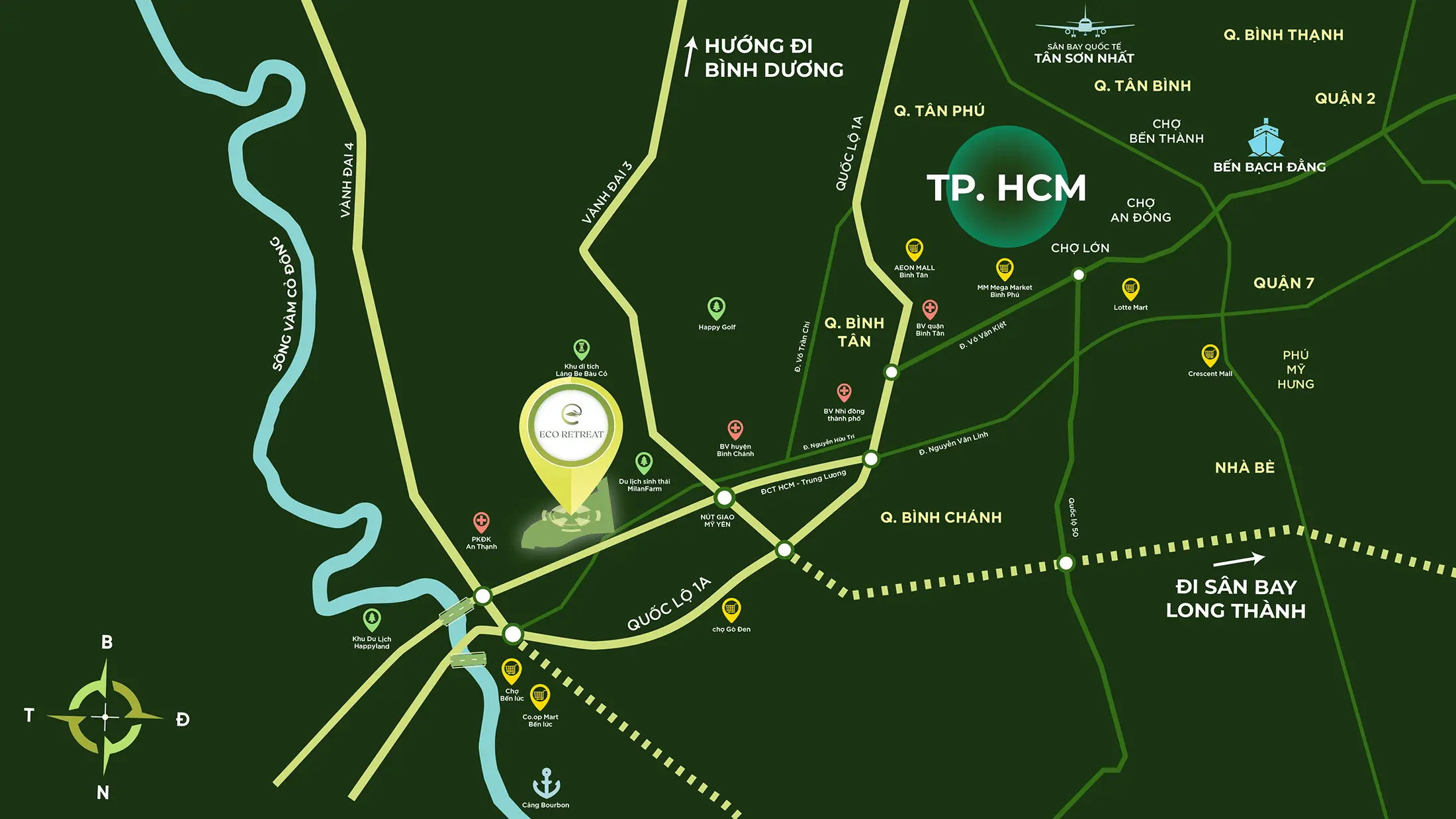 Dự án Eco Retreat sở hữu vị trí đắc địa tại Đường Nguyễn Hữu Trí, Xã Thanh Phú, Huyện Bến Lức, Tỉnh Long An.